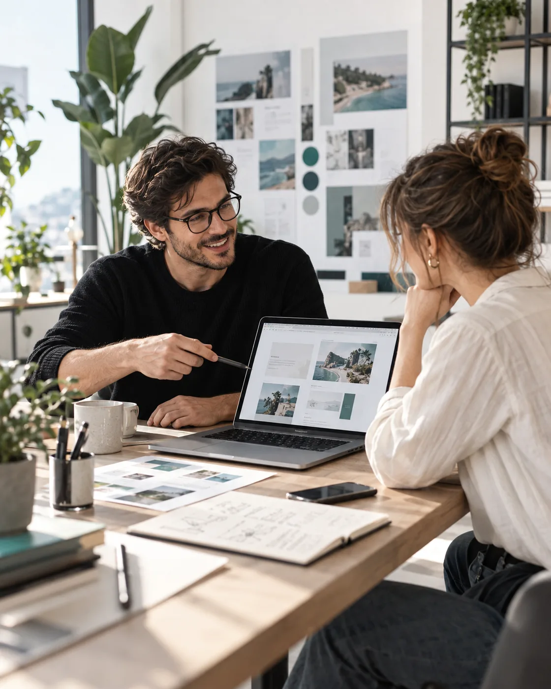 Incontro di progettazione web con una cliente davanti a un computer portatile