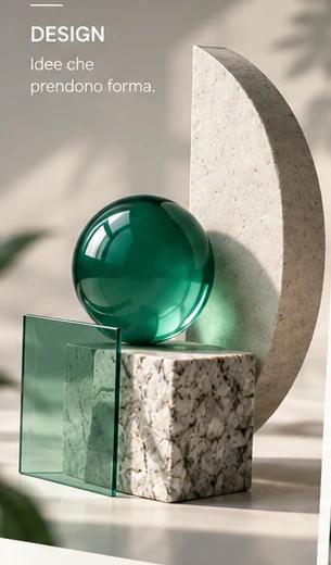 Composizione di design con forme geometriche, vetro e dettagli verdi
